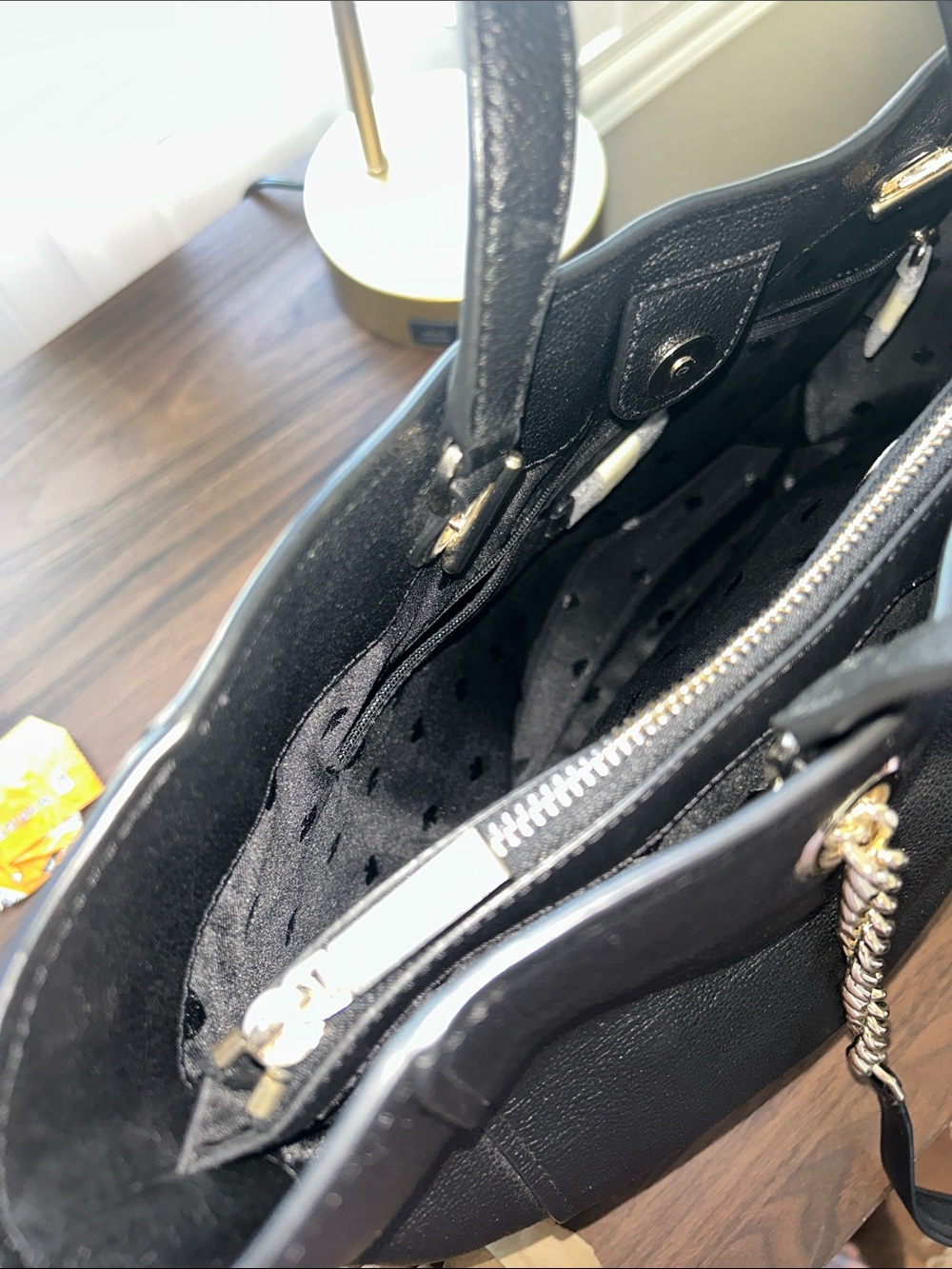 kate spade Infinite Black Pebbled Leather Tote w\Silver Chain Straps- like new - Picture 7 of 14